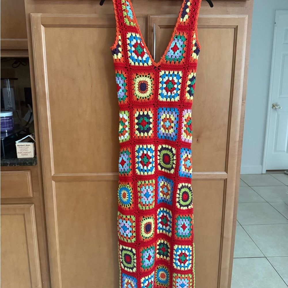 AKIRA Multicolor Crochet Knit Dress - Red, Orange, Green, Blue, Yellow - Picture 4 of 8